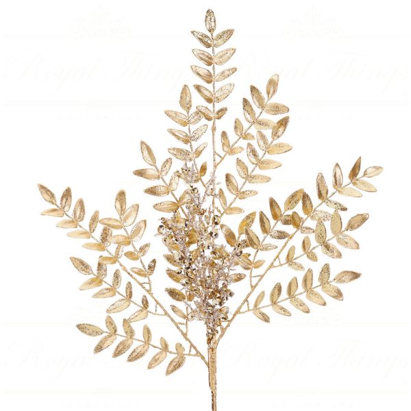 A 48021 Goodwill Christmas Decorative Items Metallic Sequin Leaf Stem Gold Branches Stems