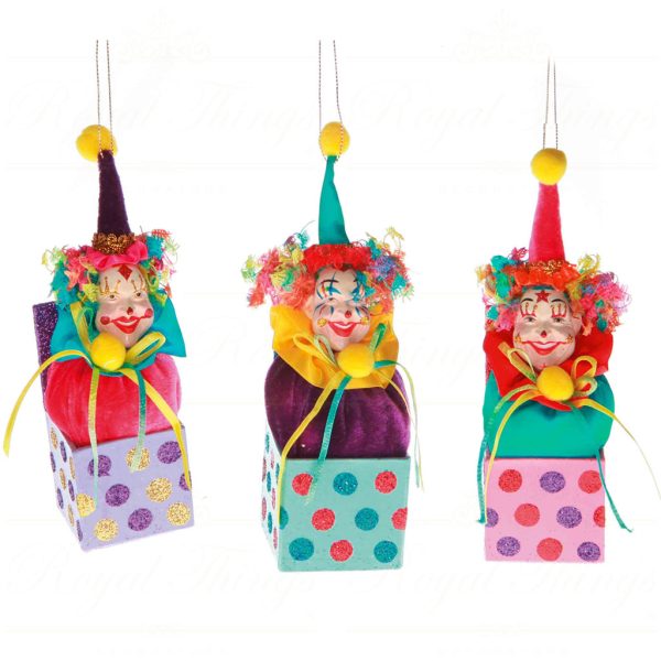 B 31497 Goodwill Christmas Ornaments Cirque Magique Clown In Box Ornament Blue Pink Purple