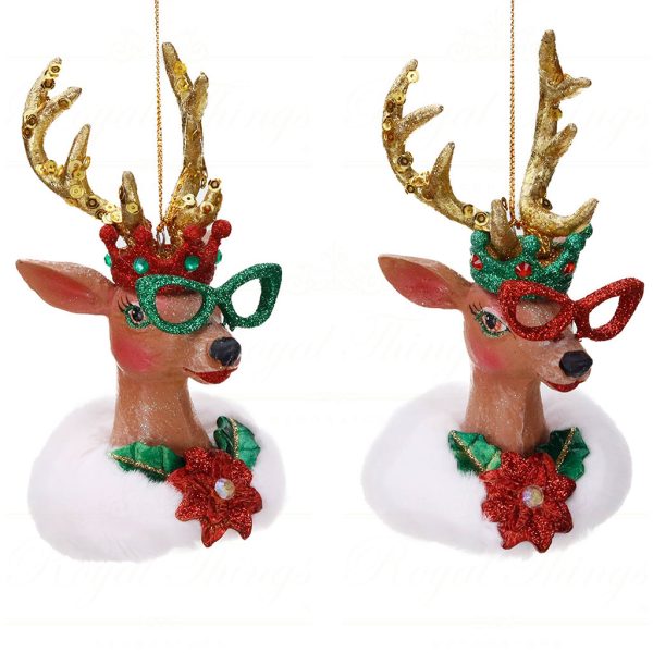 B 87101 Goodwill Christmas Ornaments Xmas Couture Deer Head Ornament Green Red