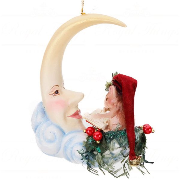 B 87161 Goodwill Christmas Ornaments Woodland Bedtime Mouse On Moon Ornament Yellow Red Vari Brown
