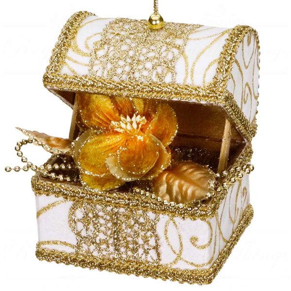 Br 41106 Goodwill Christmas Ornaments Fabric Floral Treasure Chest Ornament Cream Gold