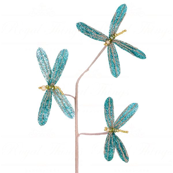 Br 41116 Goodwill Christmas Branches Beaded 3 Dragonfly Stem Green Gold