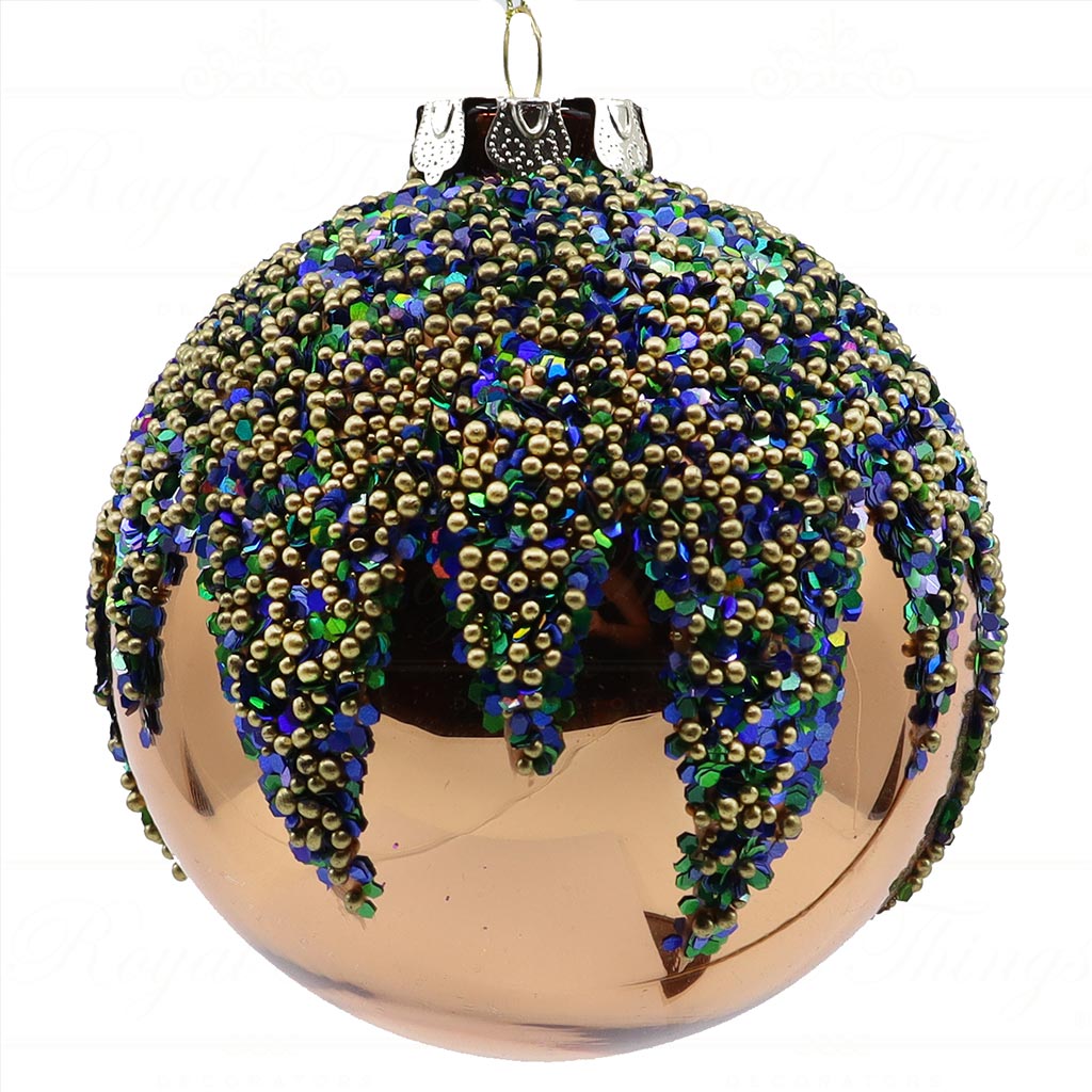 C 14650 goodwill chirstmas ball glass peacock glitter beaded top ball blue green gold copper round C 14650 Goodwill Chirstmas Ball Glass Peacock Glitter Beaded Top Ball Blue Green Gold Copper Round