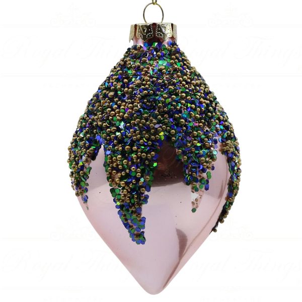 C 14650 Goodwill Chirstmas Ball Glass Peacock Glitter Beaded Top Ball Blue Green Gold Pink Long