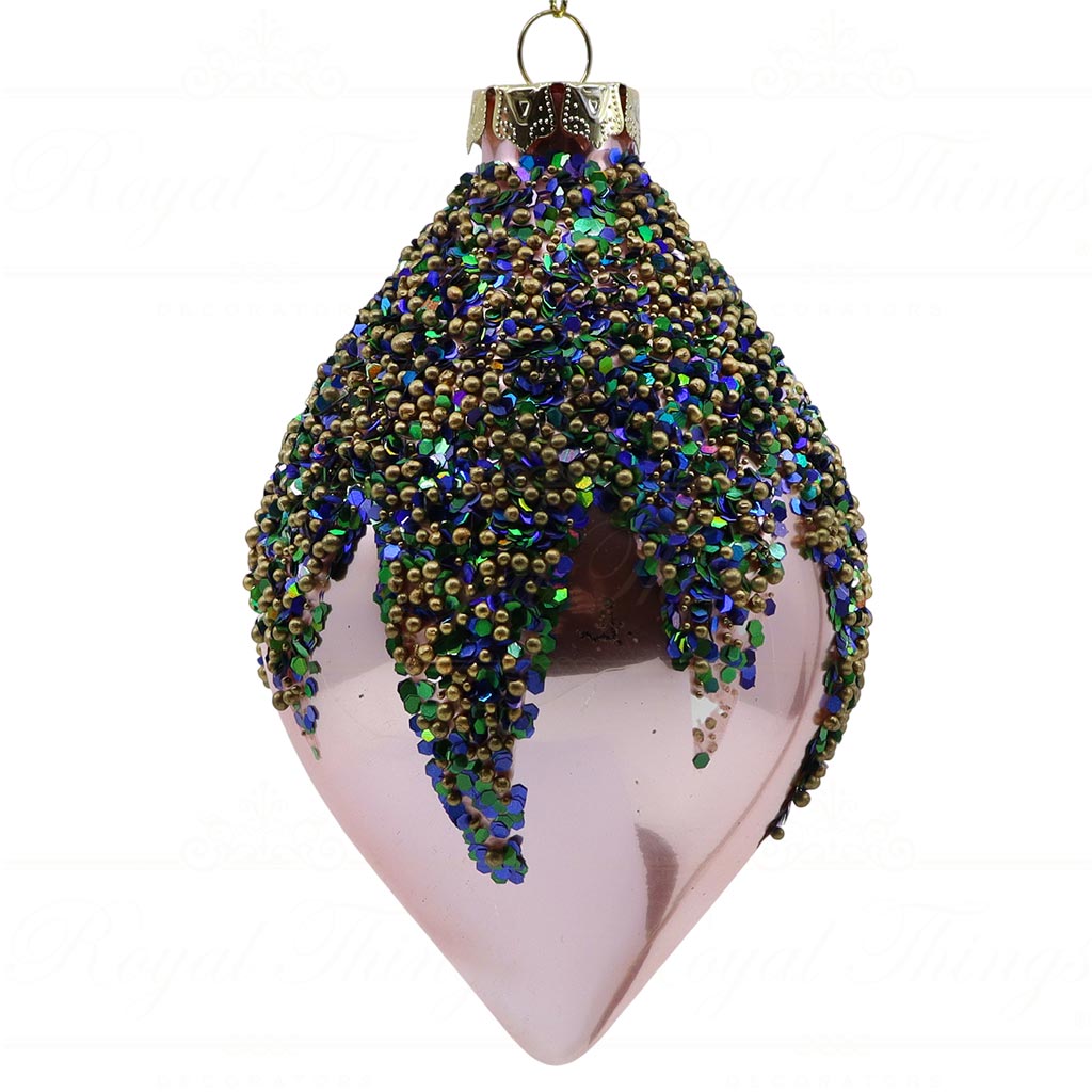C 14650 goodwill chirstmas ball glass peacock glitter beaded top ball blue green gold pink long C 14650 Goodwill Chirstmas Ball Glass Peacock Glitter Beaded Top Ball Blue Green Gold Pink Long