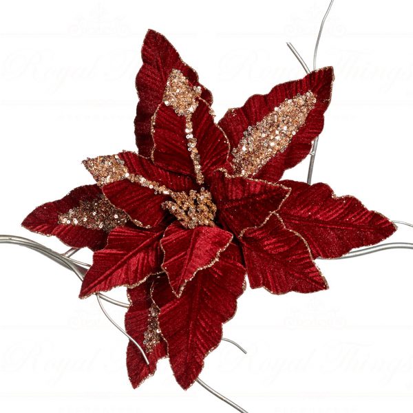 Goodwill Christmas Ornament Burgundy Gold Glitter Poinsettia On Clip Ff99104