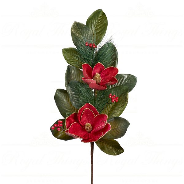 Goodwill Christmas Flowers Branches Magnolia Leaf Berry Stem Green Red Sp 20367
