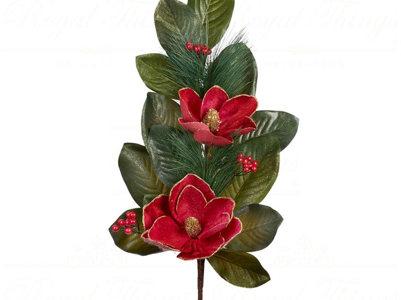 Goodwill Christmas Flowers Branches Magnolia Leaf Berry Stem Green Red Sp 20367