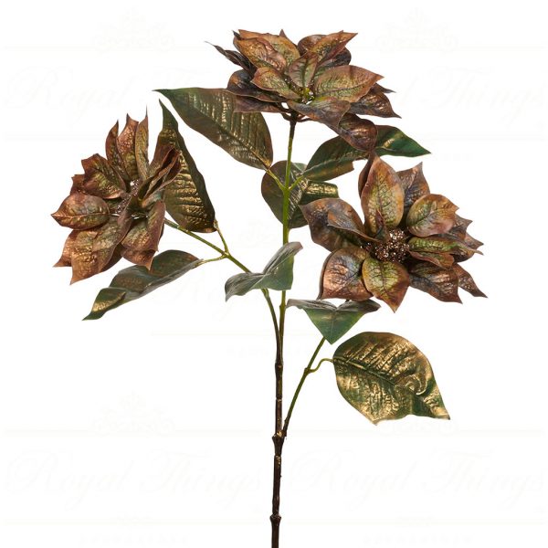 Goodwill Christmas Flowers Branches Metallic 3 Poinsettia Flower Stem Gold Green Sp 20370