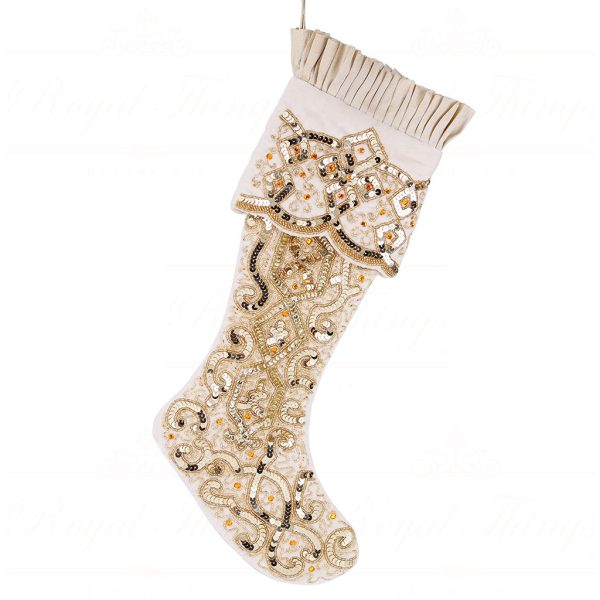 If 10268 Goodwill Christmas Decorative Items Velvet Sequin Swirl Pleated Stocking Cream Gold
