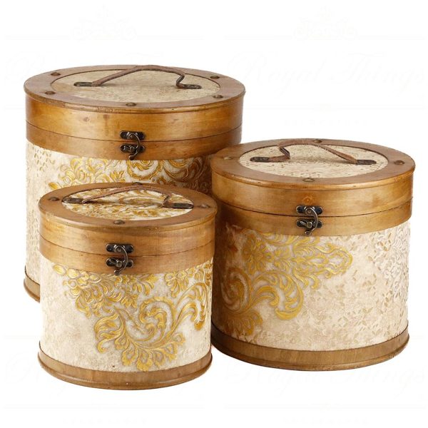K 10303 Goodwill Christmas Decorative Items Wood Acanth Swirl Round Hatbox Cream Brown
