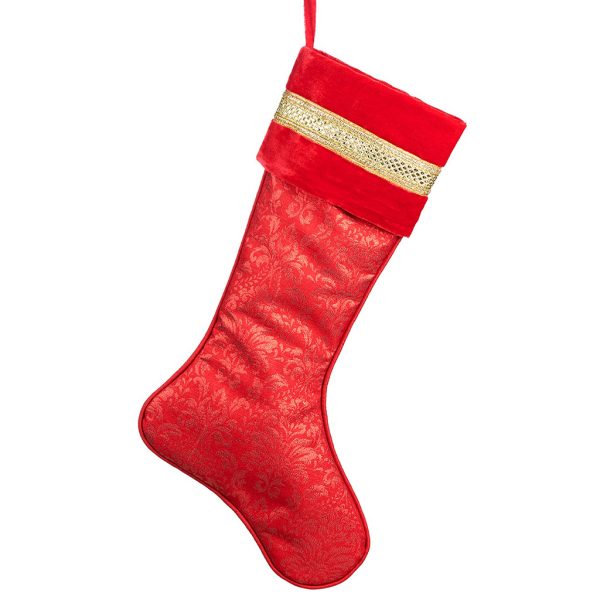 L 34263 Christmas Decorative Items Velvet Jacquard Trim Stocking Red Gold