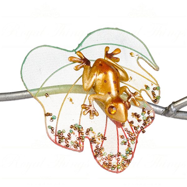 Mo 95241 Goodwill Christmas Ornaments Fabric Beadead Frog On Leaf On Clip Green Gold Clear Vari A