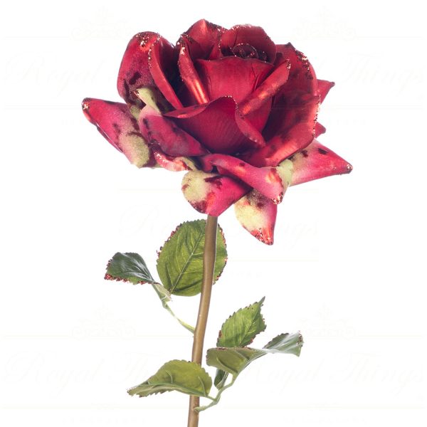 Sp 20521 Goodwill Christmas Decorative Items Metallic Rose Flower On Stem Red Burgundy Green