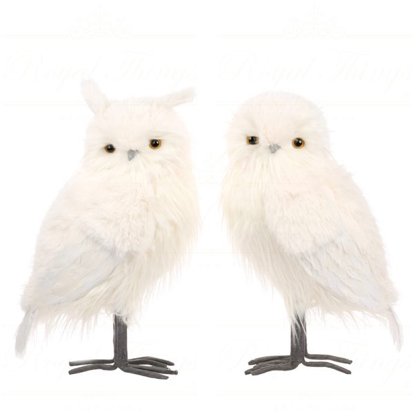 T 81063 Goodwill Christmas Decorative Items Furry Long Hair Owl Ttabletop White Cream