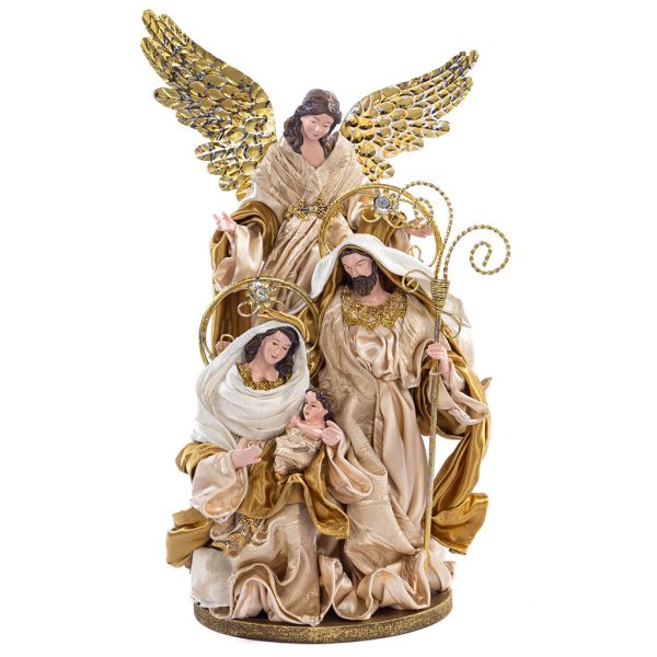Z 19609 Christmas Decorative Items Holy Family With Angel On Base Tabletop White Cream Gold