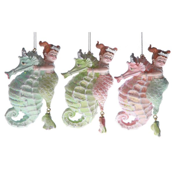 C 10416 Goodwill Christmas Ornaments Mermaid On Seahorse Blue Green Pink
