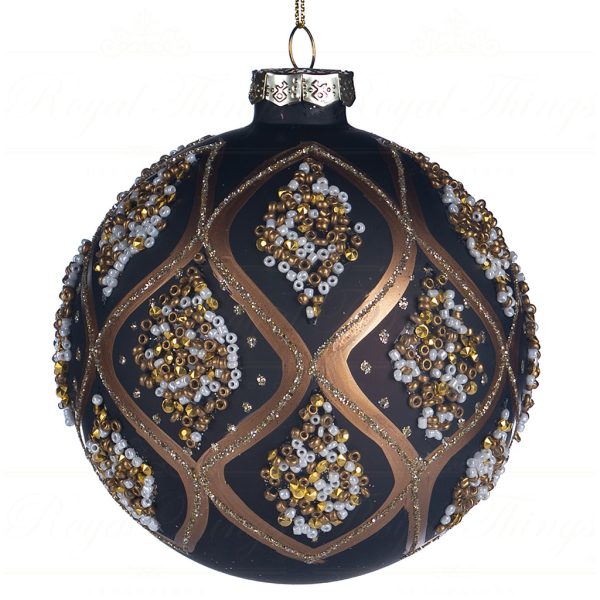 Goodwill Chirstmas Ball Glass Beaded Net Black Gold White P 30633