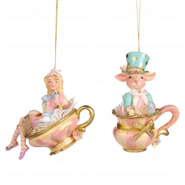Goodwill Christmas Ornament Alice Rabbit Candy Tea Cup Pink Blue Cream Gold B 88154