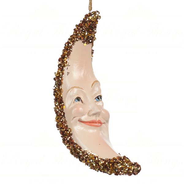 Goodwill Christmas Ornament Glitter Smiling Moon Gold Cream Br 38245