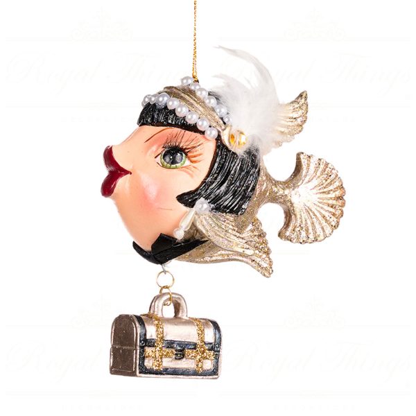 Goodwill Christmas Ornament Grand Hotel Art Deco Flapper Girl Fish Ornament Black Gold Beige B 88257 A