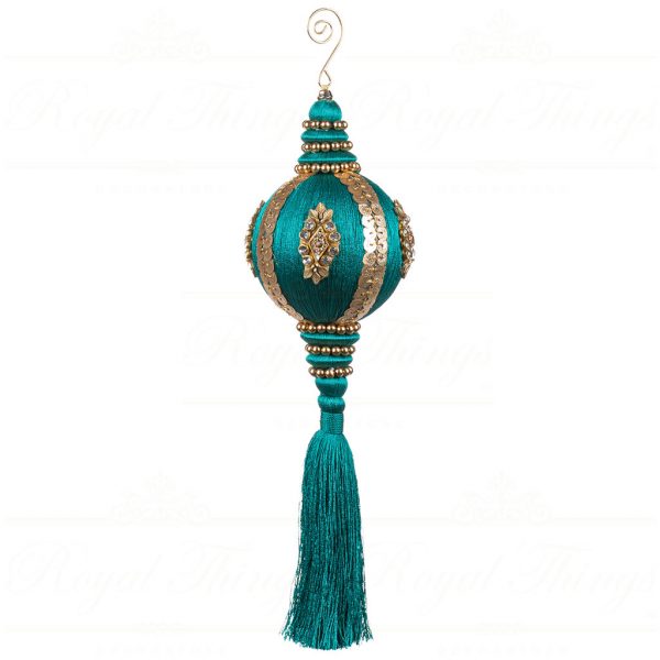 Goodwill Christmas Ornament Jewel Ball Top Tassel Blue Gold L 33106