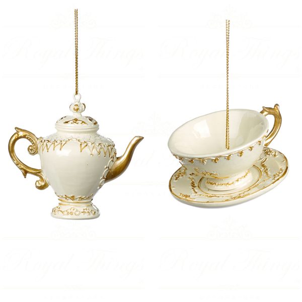 Goodwill Christmas Ornament Tea Pot And Cup Cream Gold Mc 38026