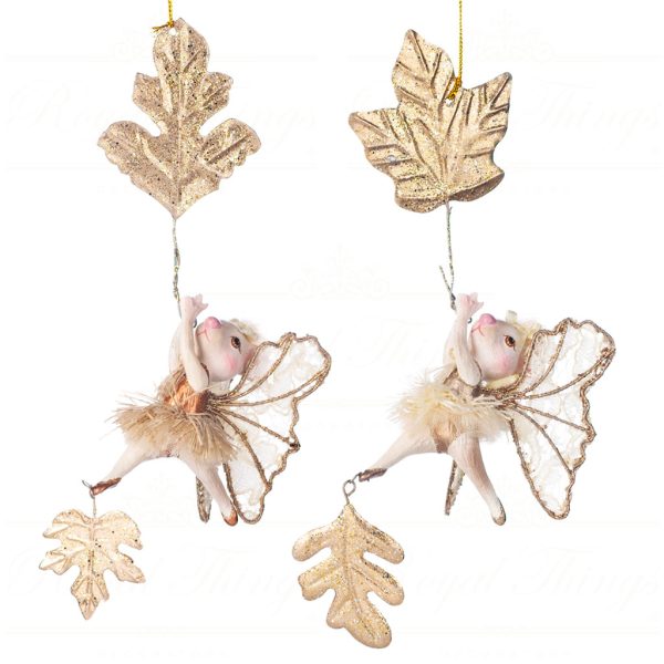 Goodwill Christmas Ornament Winter Fairies Mouse On Leaf Cream Gold B 89204