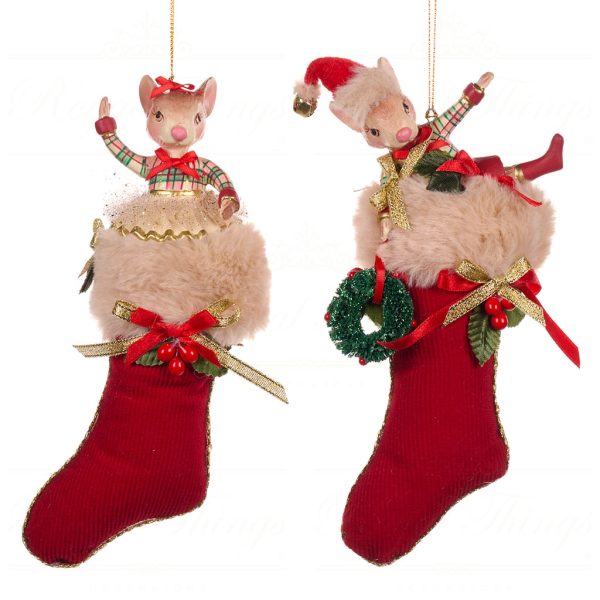 Goodwill Christmas Ornament Xmas Lodge Mouse In Stocking Red Green Gold Beige B 88502
